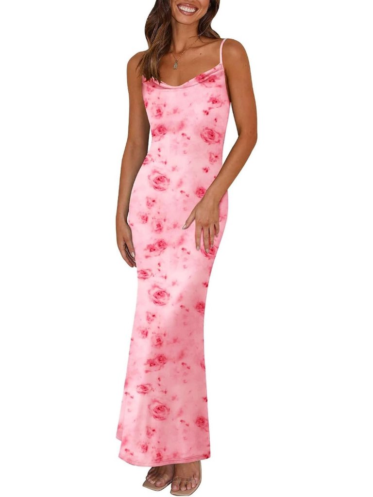 Women's Pink Red Flower Floral Maxi Bodycon Spaghetti Strap Backless Slip Dress